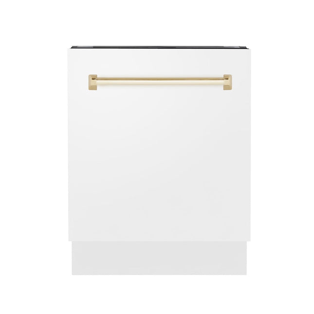 ZLINE Autograph Edition 24" Tallac Series 3rd Rack Top Control Built-In Tall Tub Dishwasher in White Matte with Polished Gold Handle, 51dBa (DWVZ-WM-24-G)