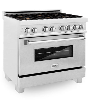 ZLINE 36 in. 4.6 cu. ft. Legacy Dual Fuel Range with Gas Cooktop and Electric Convection Oven in Satin Stainless Steel with 6 Brass Burners (RAS-SN-BR-36)