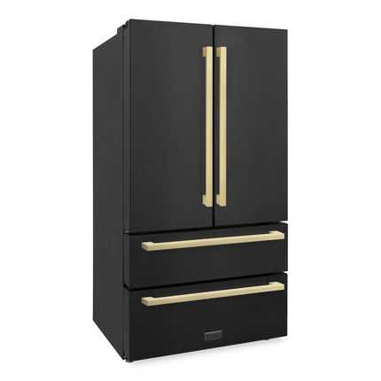 ZLINE Autograph Edition 36 in. 22.5 cu. ft. Counter-Depth French Door Refrigerator with Ice Maker in Fingerprint-Resistant Black Stainless Steel and Champagne Bronze Modern Handles (RFMZ-36-BS-FCB)