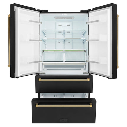 ZLINE Autograph Edition 36 in. 22.5 cu. ft. Counter-Depth French Door Refrigerator with Ice Maker in Fingerprint-Resistant Black Stainless Steel and Polished Gold Helix Handles (RFMZ-36-BS-KG)