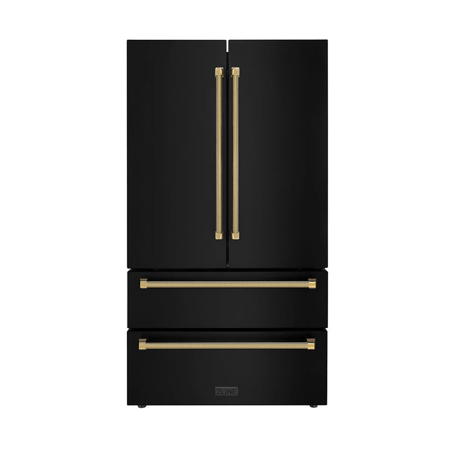 ZLINE Autograph Edition 36 in. 22.5 cu. ft. Counter-Depth French Door Refrigerator with Ice Maker in Fingerprint-Resistant Black Stainless Steel and Polished Gold Helix Handles (RFMZ-36-BS-KG)