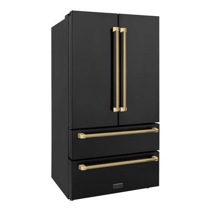 ZLINE Autograph Edition 36 in. 22.5 cu. ft. Counter-Depth French Door Refrigerator with Ice Maker in Fingerprint-Resistant Black Stainless Steel and Polished Gold Helix Handles (RFMZ-36-BS-KG)