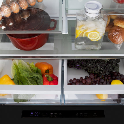ZLINE Autograph Edition 36 in. 21.6 cu. ft Counter-Depth French Door Refrigerator with Water and Ice Dispenser in Fingerprint-Resistant Black Stainless Steel with Champagne Bronze Traditional Handles (RFMZ-W-36-BS-CB)
