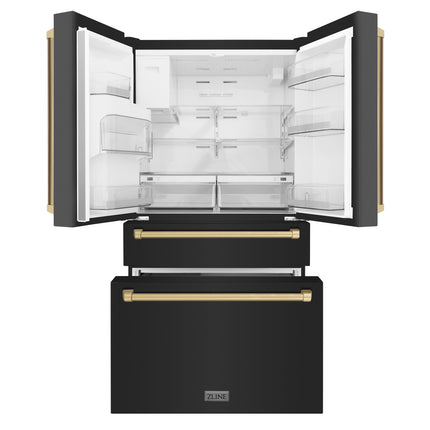 ZLINE Autograph Edition 36 in. 21.6 cu. ft Counter-Depth French Door Refrigerator with Water and Ice Dispenser in Fingerprint-Resistant Black Stainless Steel with Champagne Bronze Traditional Handles (RFMZ-W-36-BS-CB)