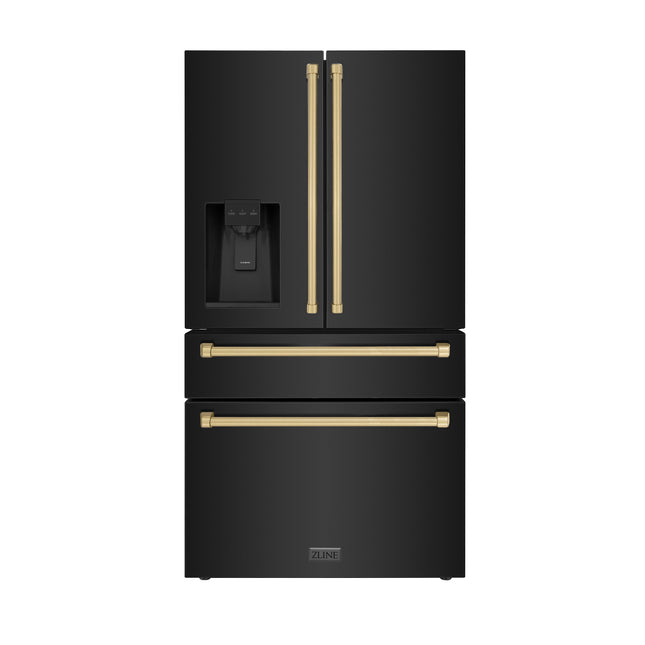 ZLINE Autograph Edition 36 in. 21.6 cu. ft Counter-Depth French Door Refrigerator with Water and Ice Dispenser in Fingerprint-Resistant Black Stainless Steel with Champagne Bronze Traditional Handles (RFMZ-W-36-BS-CB)
