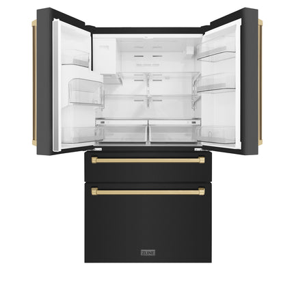 ZLINE Autograph Edition 36 in. 21.6 cu. ft Counter-Depth French Door Refrigerator with Water and Ice Dispenser in Fingerprint-Resistant Black Stainless Steel with Champagne Bronze Traditional Handles (RFMZ-W-36-BS-CB)