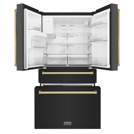 ZLINE Autograph Edition 36 in. 21.6 cu. ft. Counter-Depth French Door Refrigerator with Water and Ice Dispenser in Fingerprint-Resistant Black Stainless Steel with Polished Gold Traditional Handles (RFMZ-W-36-BS-G)