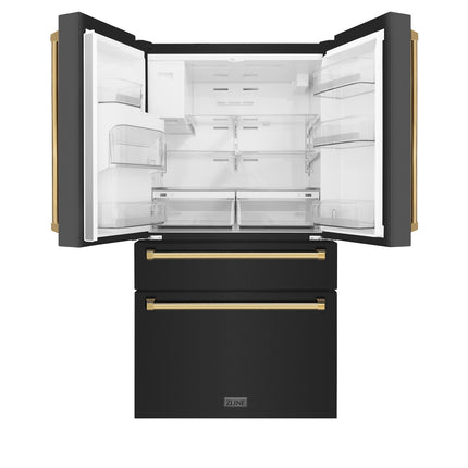 ZLINE Autograph Edition 36 in. 21.6 cu. ft. Counter-Depth French Door Refrigerator with Water and Ice Dispenser in Fingerprint-Resistant Black Stainless Steel with Polished Gold Traditional Handles (RFMZ-W-36-BS-G)