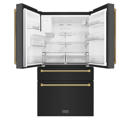 ZLINE Autograph Edition 36 in. 21.6 cu. ft. Counter-Depth French Door Refrigerator with Water and Ice Dispenser in Fingerprint-Resistant Black Stainless Steel with Polished Gold Helix Handles (RFMZ-W-36-BS-KG)