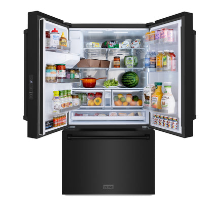 ZLINE 36 in. 28.9 cu. ft. Standard-Depth French Door External Water Dispenser Refrigerator with Dual Ice Maker in Fingerprint-Resistant Black Stainless Steel (RSM-W-36-BS)