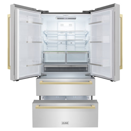 ZLINE Autograph Edition 36 in. 22.5 cu. ft. Counter-Depth French Door Refrigerator with Ice Maker in Fingerprint-Resistant Stainless Steel with Champagne Bronze Modern Handles (RFMZ-36-FCB)