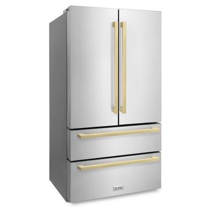 ZLINE Autograph Edition 36 in. 22.5 cu. ft. Counter-Depth French Door Refrigerator with Ice Maker in Fingerprint-Resistant Stainless Steel with Champagne Bronze Modern Handles (RFMZ-36-FCB)