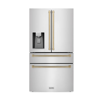 ZLINE Autograph Edition 36 in. Kitchen Package with Stainless Steel Dual Fuel Range, Range Hood, Dishwasher and Refrigeration Including External Water Dispenser with Champagne Bronze Accents (4AKPR-RARHDWM36-CB)