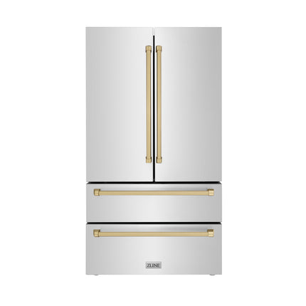 ZLINE Autograph Edition 36 in. 22.5 cu. ft. Counter-Depth French Door Refrigerator with Ice Maker in Fingerprint-Resistant Stainless Steel with Champagne Bronze Traditional Handles (RFMZ-36-CB)