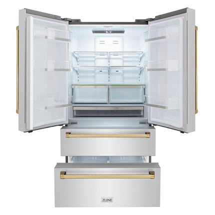 ZLINE Autograph Edition 36 in. 22.5 cu. ft. Counter-Depth French Door Refrigerator with Ice Maker in Fingerprint-Resistant Stainless Steel with Polished Gold Traditional Handles (RFMZ-36-G)