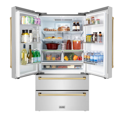 ZLINE Autograph Edition 36 in. 22.5 cu. ft. Counter-Depth French Door Refrigerator with Ice Maker in Fingerprint-Resistant Stainless Steel with Polished Gold Traditional Handles (RFMZ-36-G)