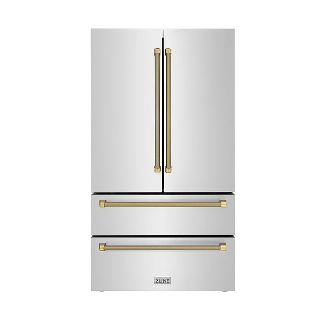 ZLINE Autograph Edition 36 in. 22.5 cu. ft. Counter-Depth French Door Refrigerator with Ice Maker in Fingerprint-Resistant Stainless Steel and Champagne Bronze Helix Handles (RFMZ-36-KCB)