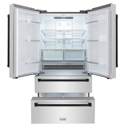 ZLINE Autograph Edition 36 in. 22.5 cu. ft. Counter-Depth French Door Refrigerator with Ice Maker in Fingerprint-Resistant Stainless Steel with Matte Black Traditional Handles (RFMZ-36-MB)