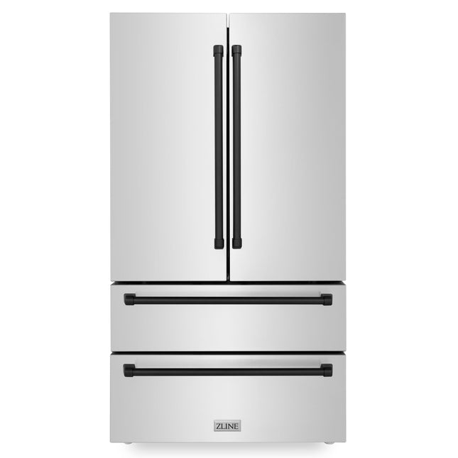 ZLINE Autograph Edition 36 in. 22.5 cu. ft. Counter-Depth French Door Refrigerator with Ice Maker in Fingerprint-Resistant Stainless Steel with Matte Black Traditional Handles (RFMZ-36-MB)