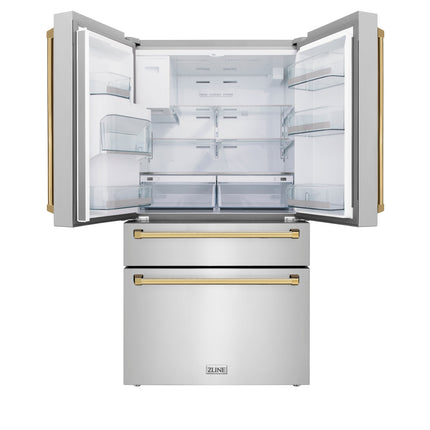 ZLINE Autograph Edition 36 in. 21.6 cu. ft. Counter-Depth French Door Refrigerator with Water and Ice Dispenser in Fingerprint-Resistant Stainless Steel with Polished Gold Traditional Handles (RFMZ-W-36-G)