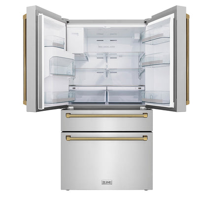 ZLINE Autograph Edition 36 in. 21.6 cu. ft. Counter-Depth French Door Refrigerator with Water and Ice Dispenser in Fingerprint-Resistant Stainless Steel with Polished Gold Helix Handles (RFMZ-W-36-KG)