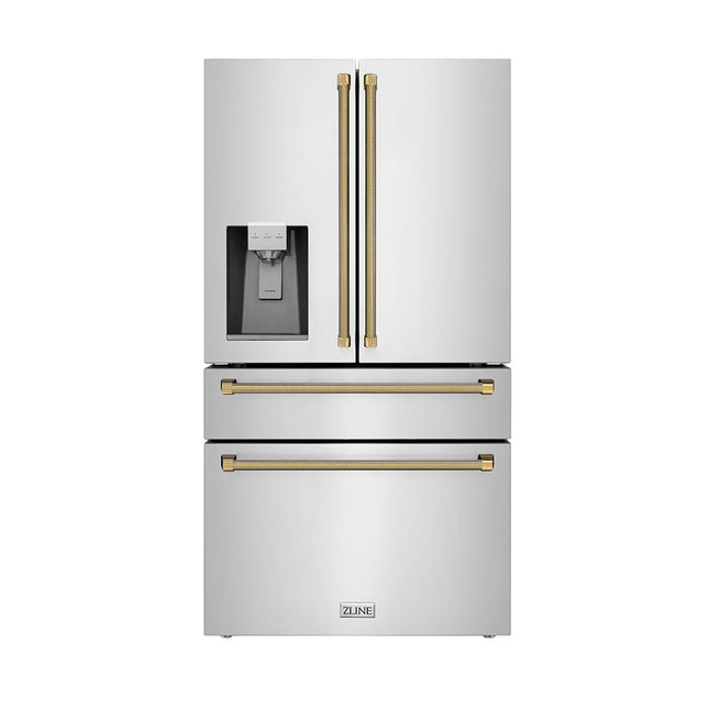 ZLINE Autograph Edition 36 in. 21.6 cu. ft. Counter-Depth French Door Refrigerator with Water and Ice Dispenser in Fingerprint-Resistant Stainless Steel with Polished Gold Helix Handles (RFMZ-W-36-KG)