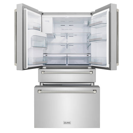 ZLINE Autograph Edition 36 in. 21.6 cu. ft. Counter-Depth French Door Refrigerator with Water and Ice Dispenser in Fingerprint-Resistant Stainless Steel with Polished Nickel Helix Handles (RFMZ-W-36-KPN)