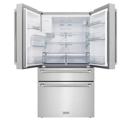 ZLINE Autograph Edition 36 in. 21.6 cu. ft. Counter-Depth French Door Refrigerator with Water and Ice Dispenser in Fingerprint-Resistant Stainless Steel with Polished Nickel Helix Handles (RFMZ-W-36-KPN)