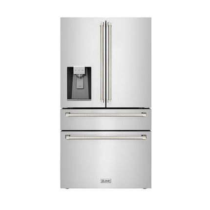 ZLINE Autograph Edition 36 in. 21.6 cu. ft. Counter-Depth French Door Refrigerator with Water and Ice Dispenser in Fingerprint-Resistant Stainless Steel with Polished Nickel Helix Handles (RFMZ-W-36-KPN)