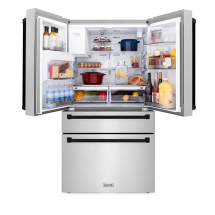 ZLINE Autograph Edition 36 in. 21.6 cu. ft. Counter-Depth French Door Refrigerator with Water and Ice Dispenser in Fingerprint-Resistant Stainless Steel with Matte Black Traditional Handles (RFMZ-W-36-MB)