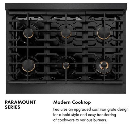 ZLINE Autograph Edition 36 in. 5.2 cu. ft. Paramount Gas Range with 6 Burner Cooktop and Convection Gas Oven in Black Satin Stainless Steel and Polished Gold Accents (SGRBSZ-36-G)