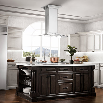 36" ZLINE CrownSound™Ducted Vent Island Mount Range Hood in Stainless Steel with Built-in Bluetooth Speakers (GL9iCRN-BT-36)