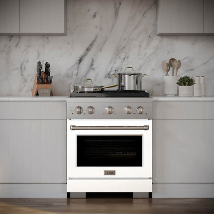 ZLINE 30 in. 4.2 cu. ft. Paramount Dual Fuel Range with 4 Burner DuoPro™ Cooktop and Electric Convection Oven with White Matte Door (PSDR-WM-30)