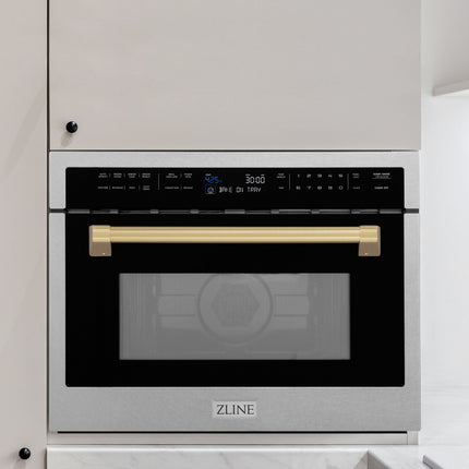 ZLINE Autograph Edition 24 in. 1.6 cu ft. Built-in Convection Microwave Oven in Satin Stainless Steel with Champagne Bronze Accents (MWOZ-24-SS-CB)