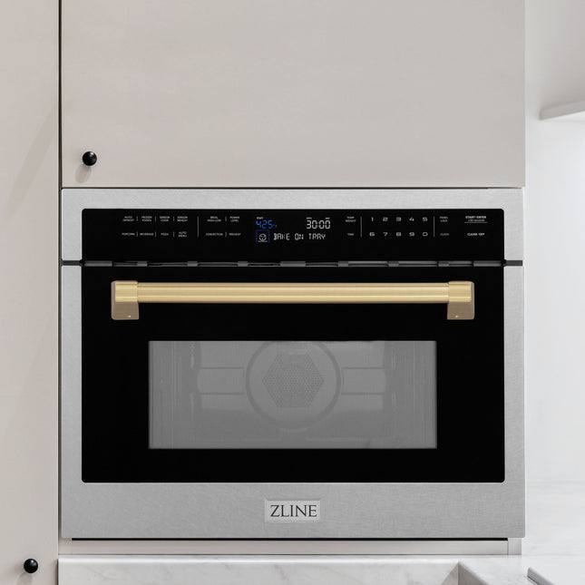 ZLINE Autograph Edition 24 in. 1.6 cu ft. Built-in Convection Microwave Oven in Satin Stainless Steel with Champagne Bronze Accents (MWOZ-24-SS-CB)
