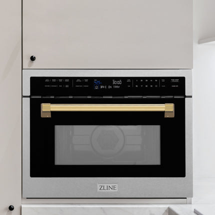 ZLINE Autograph Edition 24 in. 1.6 cu ft. Built-in Convection Microwave Oven in Satin Stainless Steel with Polished Gold Accents (MWOZ-24-SS-G)