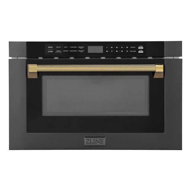 ZLINE Autograph Edition 24 in. 1.2 cu. ft. Built-in Microwave Drawer in Black Stainless Steel and Polished Gold Helix Handle (MWDZ-1-BS-H-KG)