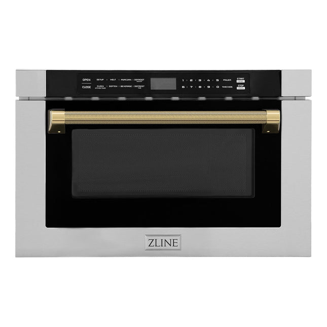 ZLINE Autograph Edition 24 in. 1.2 cu. ft. Built-in Microwave Drawer in Stainless Steel and Polished Gold Helix Handle (MWDZ-1-H-KG)