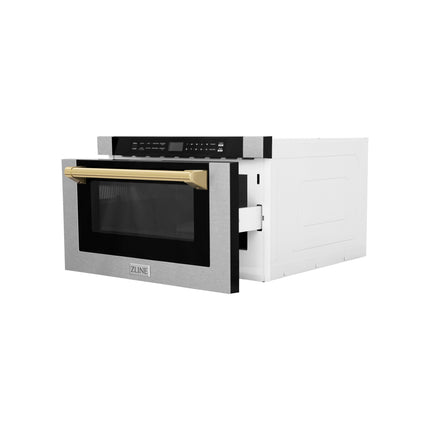 ZLINE Autograph Edition 24 in. 1.2 cu. ft. Built-in Microwave Drawer with a Traditional Handle in Satin Stainless Steel and Polished Gold Accents (MWDZ-1-SS-H-G)