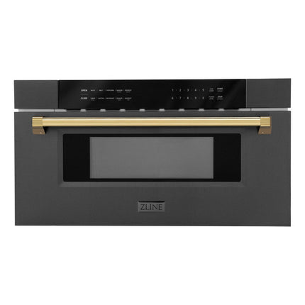 ZLINE Autograph Edition 30 in. 1.2 cu. ft. Built-in Microwave Drawer in Black Stainless Steel with Polished Gold Accents (MWDZ-30-BS-G)