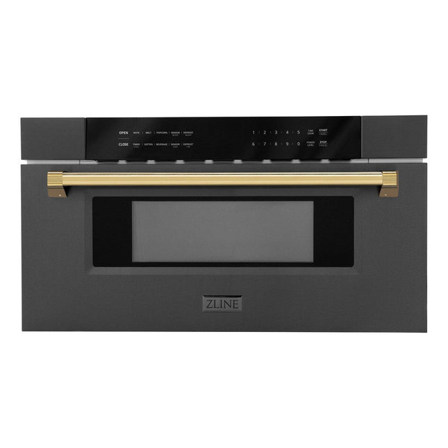 ZLINE Autograph Edition 30 in. 1.2 cu. ft. Built-in Microwave Drawer in Black Stainless Steel with Polished Gold Accents (MWDZ-30-BS-G)