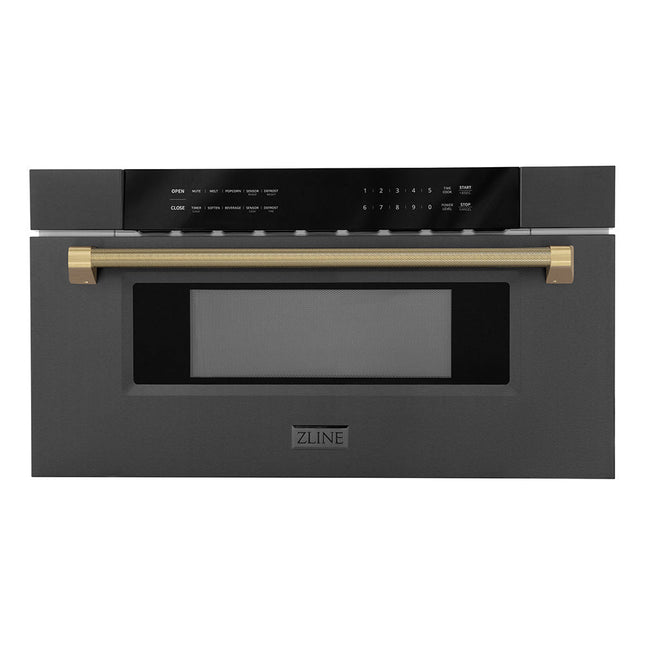 ZLINE Autograph Edition 30 in. 1.2 cu. ft. Built-in Microwave Drawer in Black Stainless Steel and Champagne Bronze Helix Handle (MWDZ-30-BS-KCB)