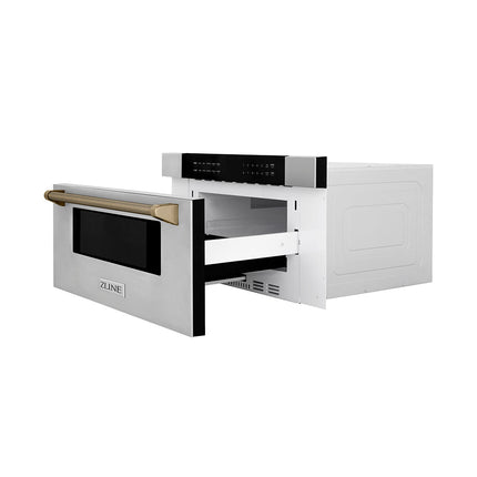 ZLINE Autograph Edition 30 in. 1.2 cu. ft. Built-in Microwave Drawer in Stainless Steel and Champagne Bronze Helix Handle (MWDZ-30-KCB)