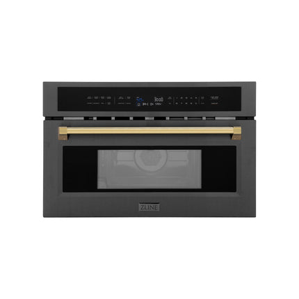 ZLINE Autograph Edition 30” 1.6 cu ft. Built-in Convection Microwave Oven in Black Stainless Steel and Polished Gold  Accents (MWOZ-30-BS-G)