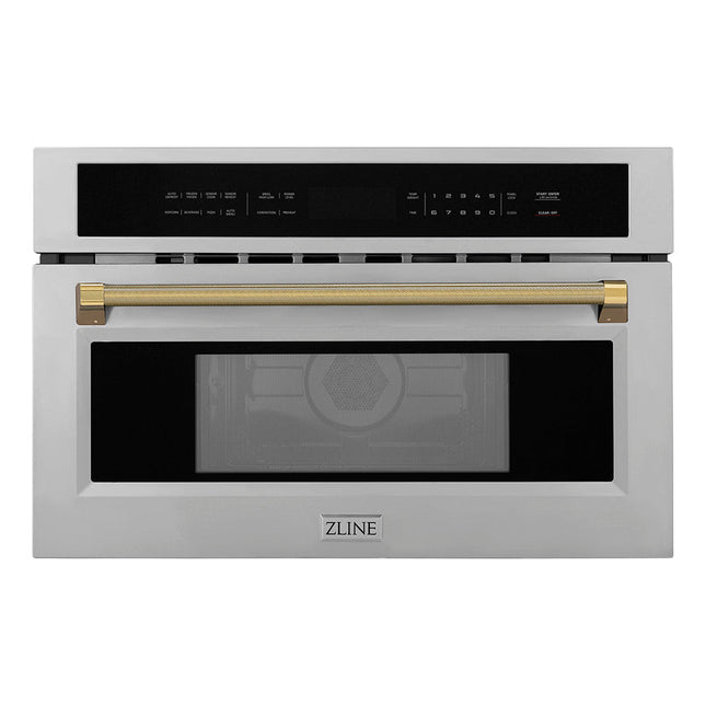 ZLINE Autograph Edition 30 in. 1.6 cu ft. Built-in Convection Microwave Oven in Stainless Steel and Polished Gold Helix Handle (MWOZ-30-KG)
