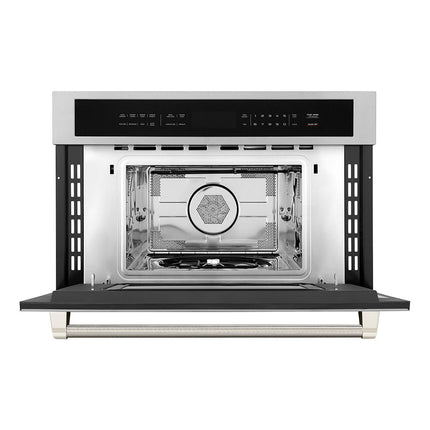 ZLINE Autograph Edition 30 in. 1.6 cu ft. Built-in Convection Microwave Oven in Stainless Steel and Polished Nickel Helix Handle (MWOZ-30-KPN)