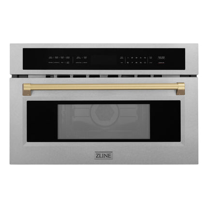 ZLINE Autograph Edition 30 in. 1.6 cu ft. Built-in Convection Microwave Oven in Satin Stainless Steel and Champagne Bronze Accents (MWOZ-30-SS-CB)