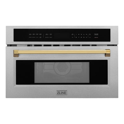 ZLINE Autograph Edition 30 in. 1.6 cu ft. Built-in Convection Microwave Oven in Satin Stainless Steel and Polished Gold Accents (MWOZ-30-SS-G)