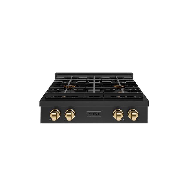 ZLINE Autograph Edition 30 in. Paramount Gas Rangetop with 4 Burner DuoPro™ Cooktop in Black Stainless Steel and Polished Gold Accents (PSRTBZ-30-G)