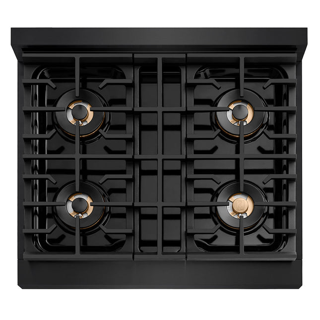 ZLINE Autograph Edition 30 in. Paramount Gas Rangetop with 4 Burner DuoPro™ Cooktop in Black Stainless Steel and Polished Gold Accents (PSRTBZ-30-G)